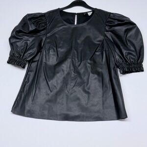 H&M Divided Black Faux Leather Puff Sleeve Babydoll Top XXS